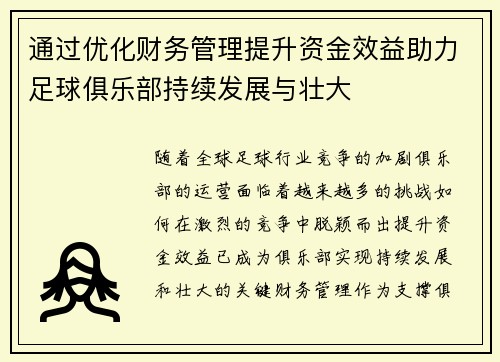 通过优化财务管理提升资金效益助力足球俱乐部持续发展与壮大 通过优化财务管理提升资金效益助力足球俱乐部持续发展与壮大