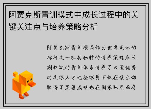 阿贾克斯青训模式中成长过程中的关键关注点与培养策略分析 阿贾克斯青训模式中成长过程中的关键关注点与培养策略分析